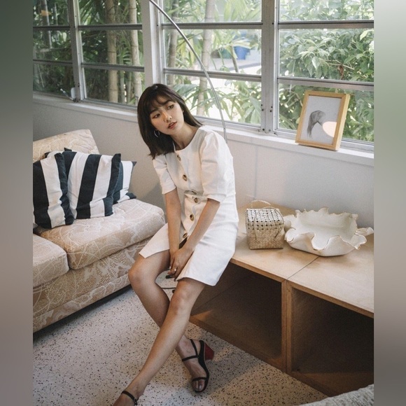 Anthropologie Pixie Market Noah Ecru White Cream Big Button Cotton Mini Dress XS - Picture 6 of 12